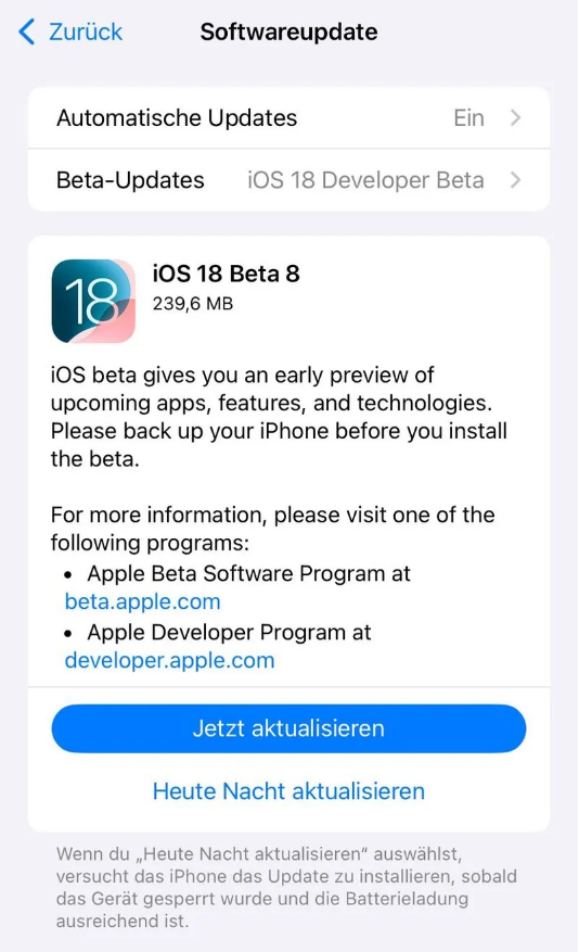 璧山苹果手机维修分享苹果 iOS / iPadOS 18 开发者预览版 Beta 8 发布 